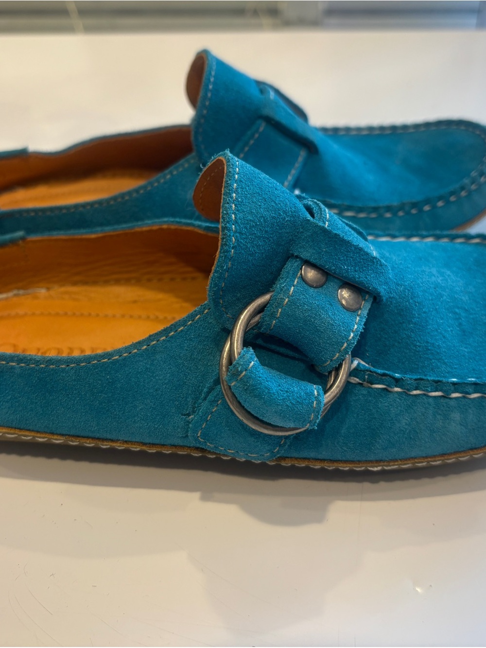 Quoddy Teal Suede Driving Moccasins with Tan Leather Collar